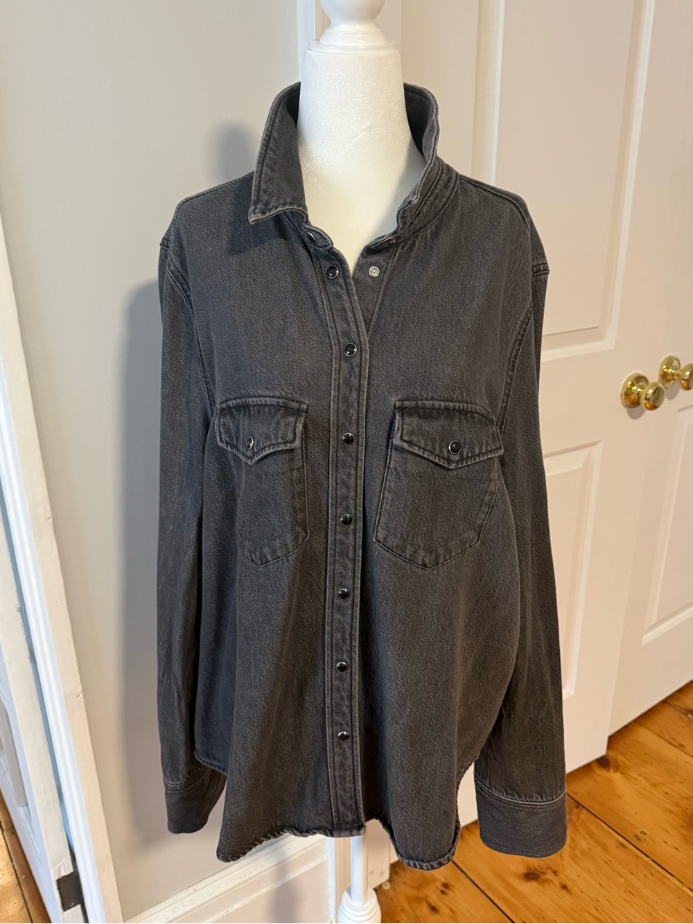 H&M Washed Black Denim Shacket Oversized Snap Front Shirt Jacket